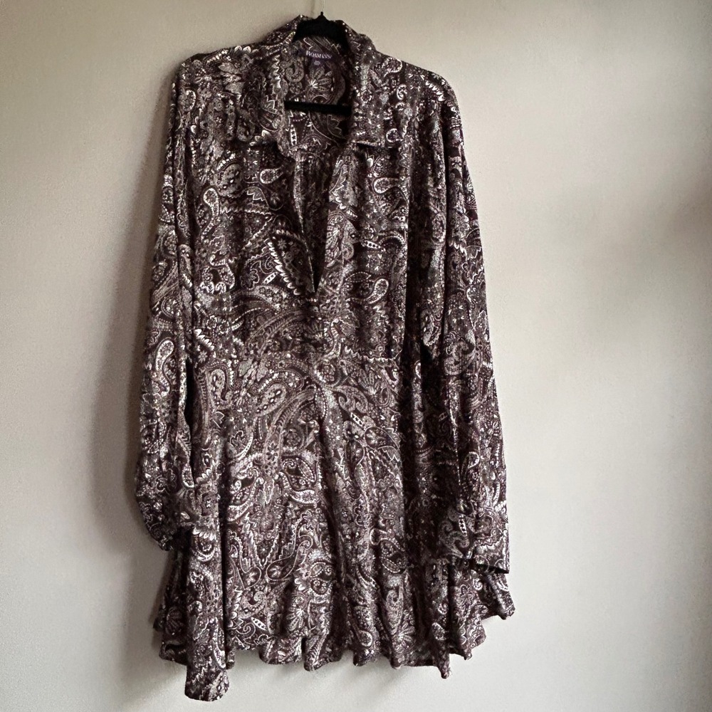 Roamans Womens 24W Brown Paisley Long Sleeve Rayon Tunic‎ Blouse 30-2070-8